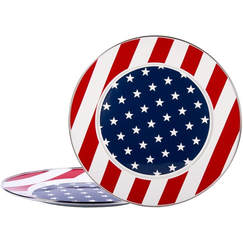 New 2 Golden Rabbit Enamelware Stars & Stripes Sandwich Plates